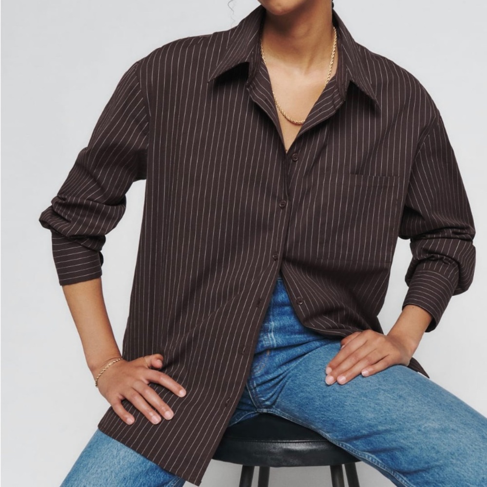 Reformation Willa Oversized Button Down - brown stripes - NWT